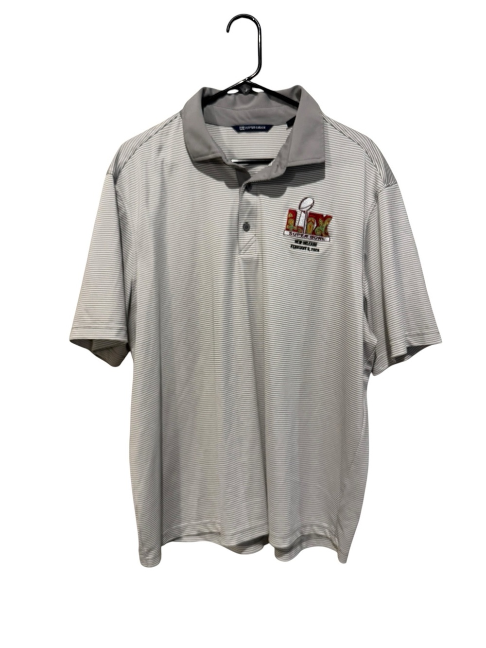 Cutter & Buck Light Gray Striped Polo with Embroidered LIX SUPERBOWL